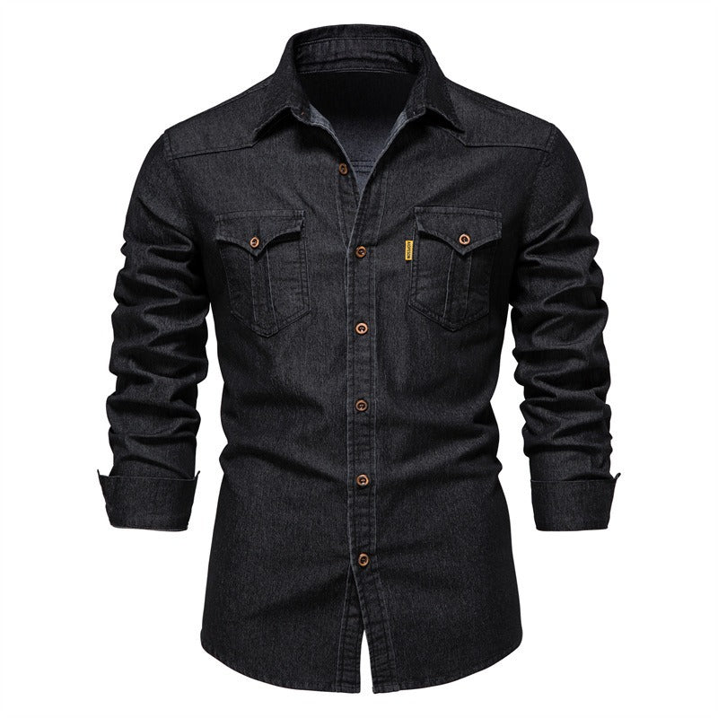 Men's Long Sleeve Denim No-Iron Casual Shirt Solid Color Cotton Vintage Style | 6022
