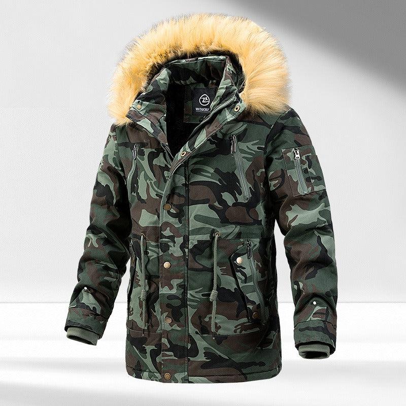 Men's Military Camouflage Fleece Lined Drawstring Thick Parka Casual Cargo Bomber Multi Pockets Jacket Cotton Canvas Fur Hooded Coat