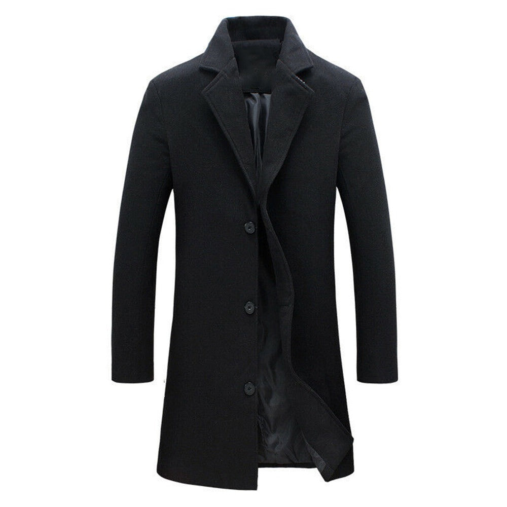 Men Light Weight Woolen Jacket Solid Color Single-Breasted Lapel Long Coat Business Overcoat | D67