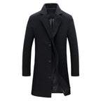 Men Light Weight Woolen Jacket Solid Color Single-Breasted Lapel Long Coat Business Overcoat | D67