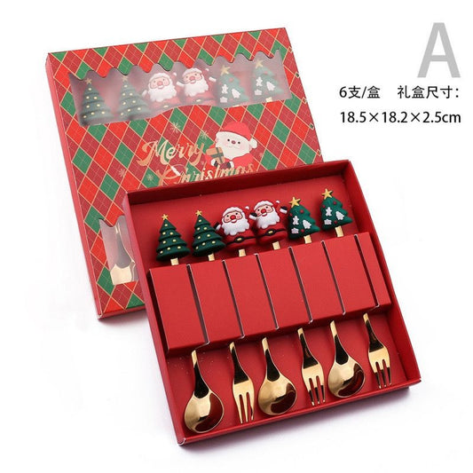 6Pcs Christmas Gifts Style Stainless Steel Doll Dessert Spoon Fork Gift Box Cutlery Set |