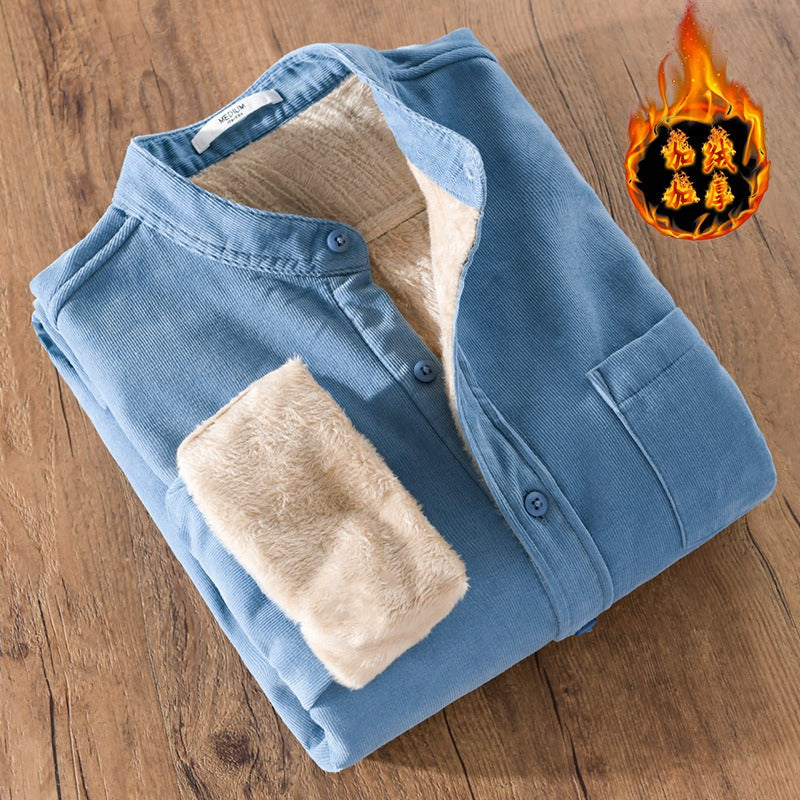 Winter Thickened Casual Vintage Stand Collar Corduroy Long Sleeve Shirt Velvet Thick Warm Tops | 9433