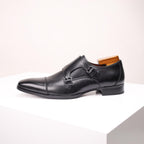 Men's Double Monk Strap Dress Shoes | Genuine Leather Business Oxfords with Height Boost | Square Toe Formal Footwear | HK5009-2