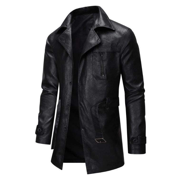Men's Mid Length Single Breasted Leather Jacket Slim Fit Leather Coat UK Spring Autumn