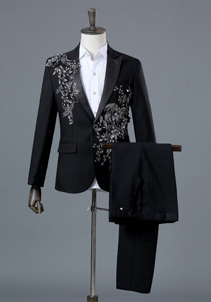 Mens 2 Piece Formal Embroidered Smart Fit Suit Flashing Sequins Crystal Blazers Coat Prom Party Tuxedo Costume Wedding Outfit