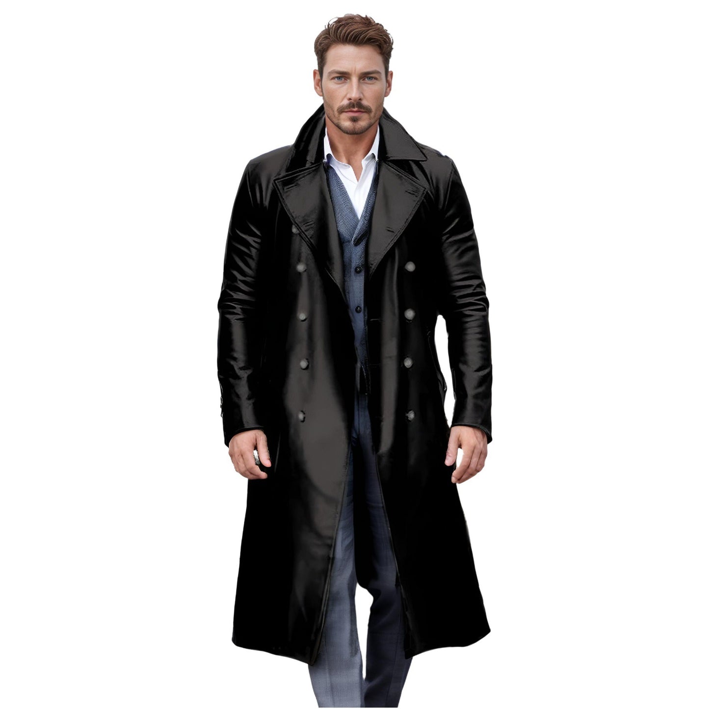 Men's Winter Long Coat  Leather Double-Breasted German Military Jacket | 1217-FY8