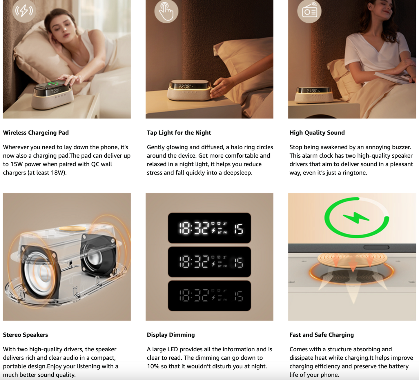 Bedside Alarm Clock Radio with Wireless Charging & Night Light Modern All-in-One Design | S39W