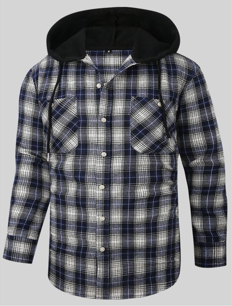 Men Premium Loose Fit Casual Flannel Long Sleeve Hooded Plaid Checkered Shirt | JM419