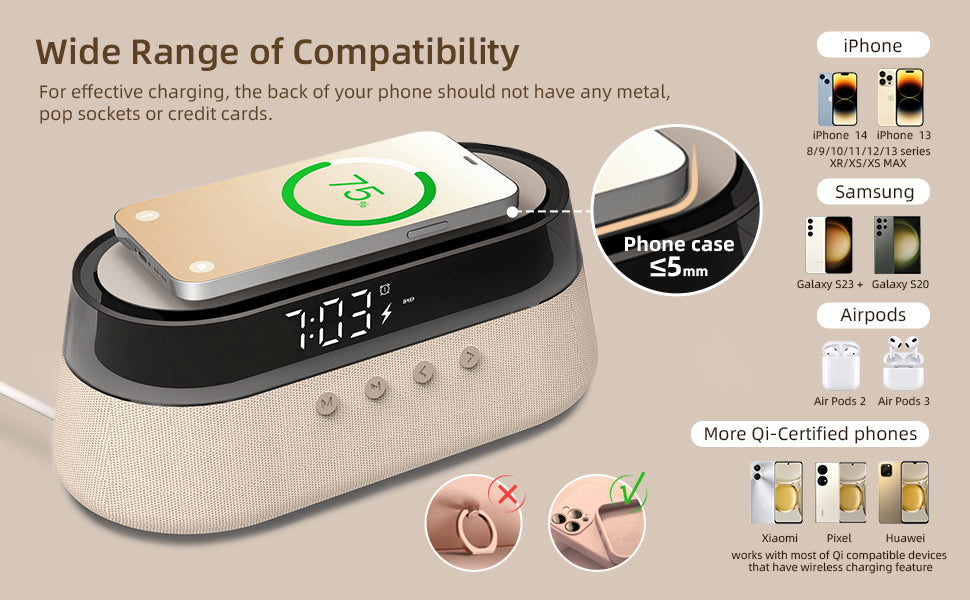 Bedside Alarm Clock Radio with Wireless Charging & Night Light Modern All-in-One Design | S39W