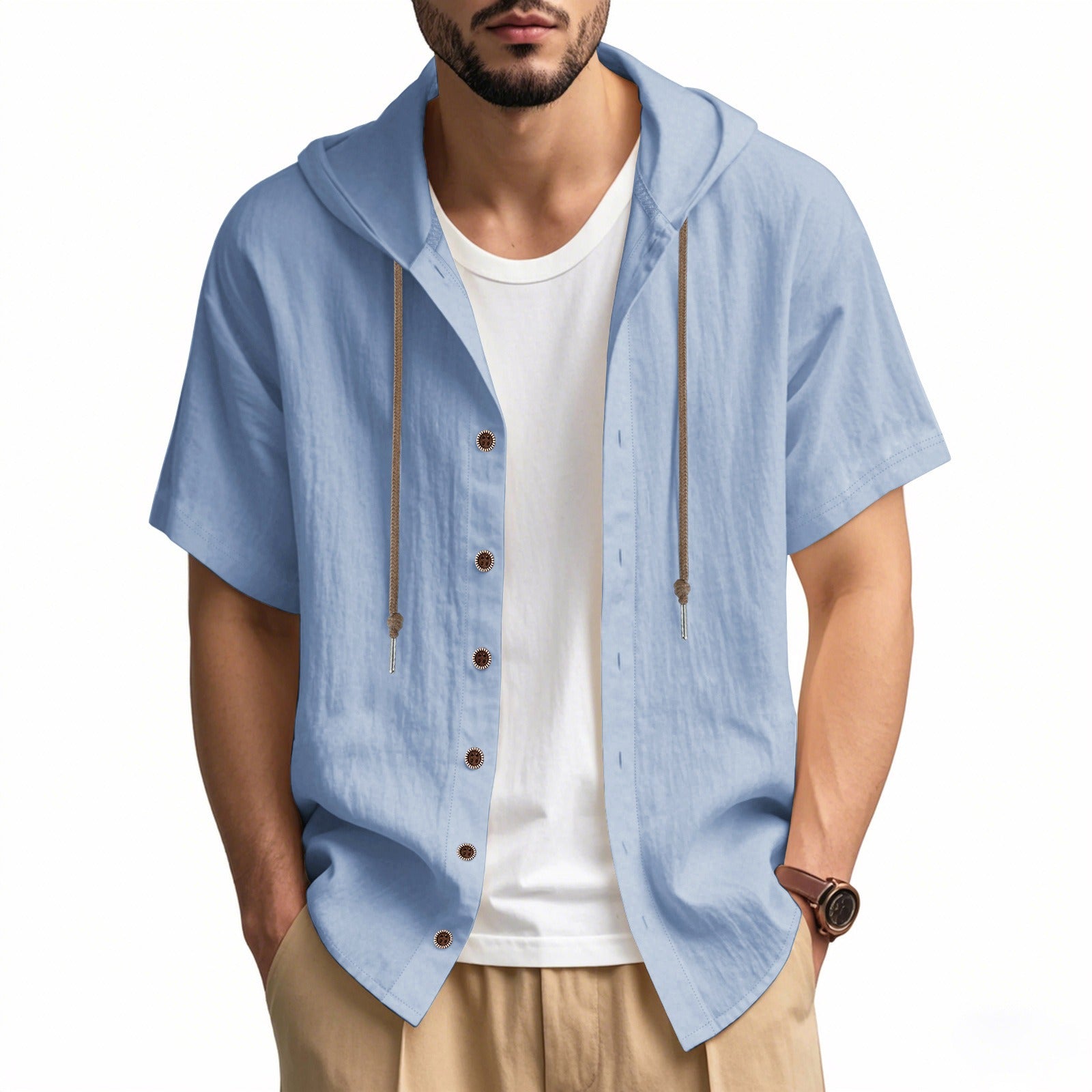 Men's Oversized Linen Hooded Shirt – Short Sleeve Amekaji Casual Summer Overshirt | 2455C