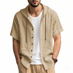 Men's Oversized Linen Hooded Shirt – Short Sleeve Amekaji Casual Summer Overshirt | 2455C