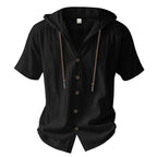 Men's Oversized Linen Hooded Shirt – Short Sleeve Amekaji Casual Summer Overshirt | 2455C