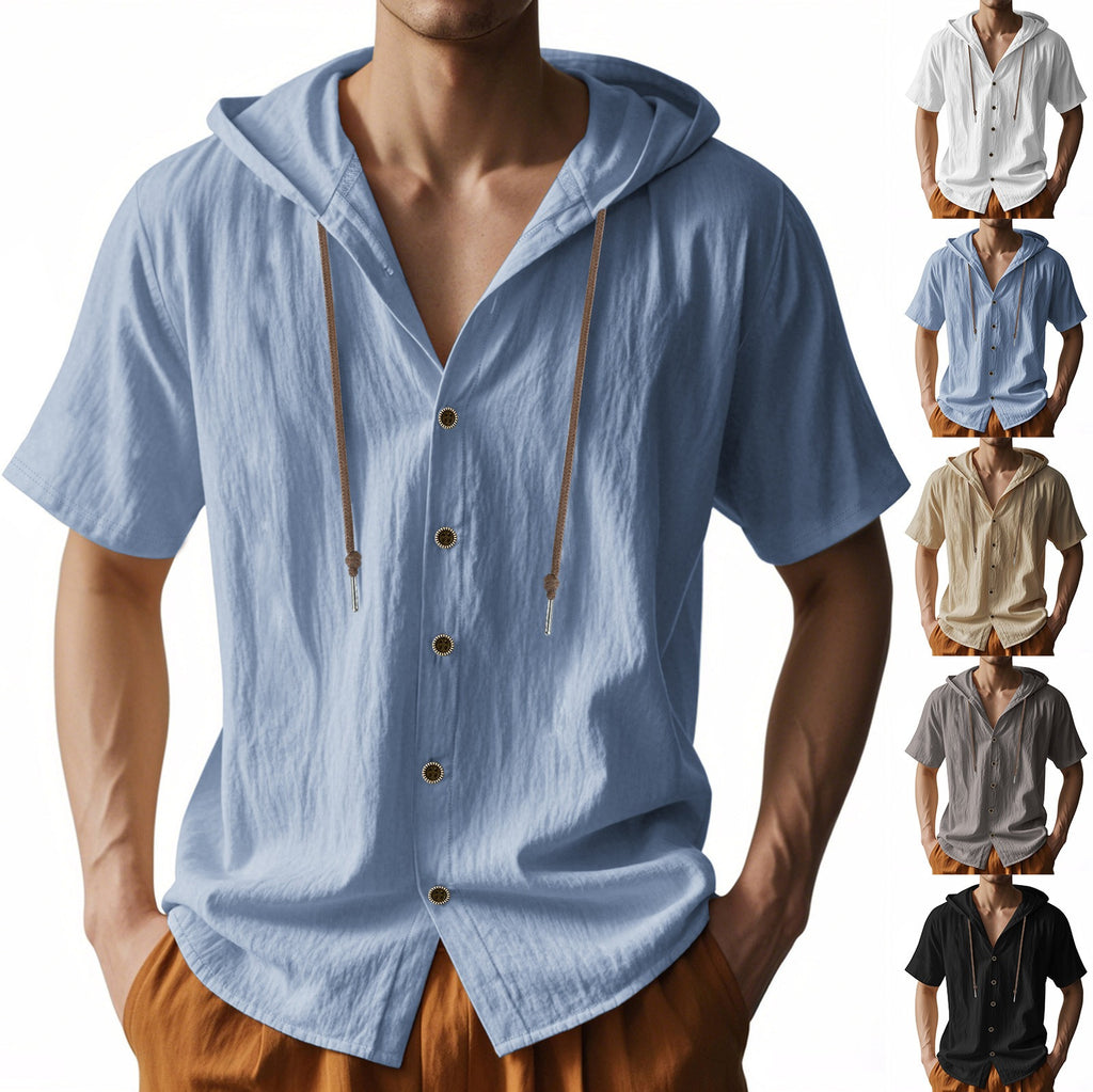 Men's Oversized Linen Hooded Shirt – Short Sleeve Amekaji Casual Summer Overshirt | 2455C