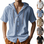 Men's Oversized Linen Hooded Shirt – Short Sleeve Amekaji Casual Summer Overshirt | 2455C