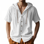 Men's Oversized Linen Hooded Shirt – Short Sleeve Amekaji Casual Summer Overshirt | 2455C