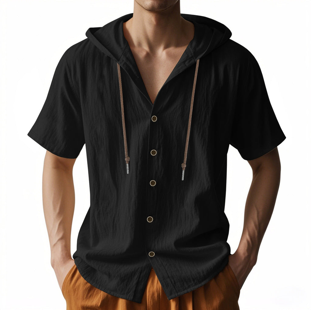 Men's Oversized Linen Hooded Shirt – Short Sleeve Amekaji Casual Summer Overshirt | 2455C