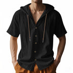 Men's Oversized Linen Hooded Shirt – Short Sleeve Amekaji Casual Summer Overshirt | 2455C