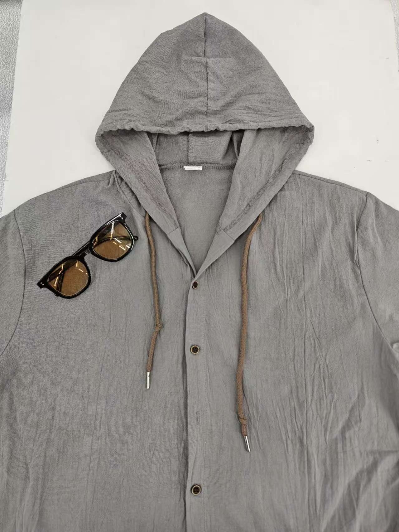 Men's Oversized Linen Hooded Shirt – Short Sleeve Amekaji Casual Summer Overshirt | 2455C