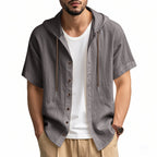 Men's Oversized Linen Hooded Shirt – Short Sleeve Amekaji Casual Summer Overshirt | 2455C
