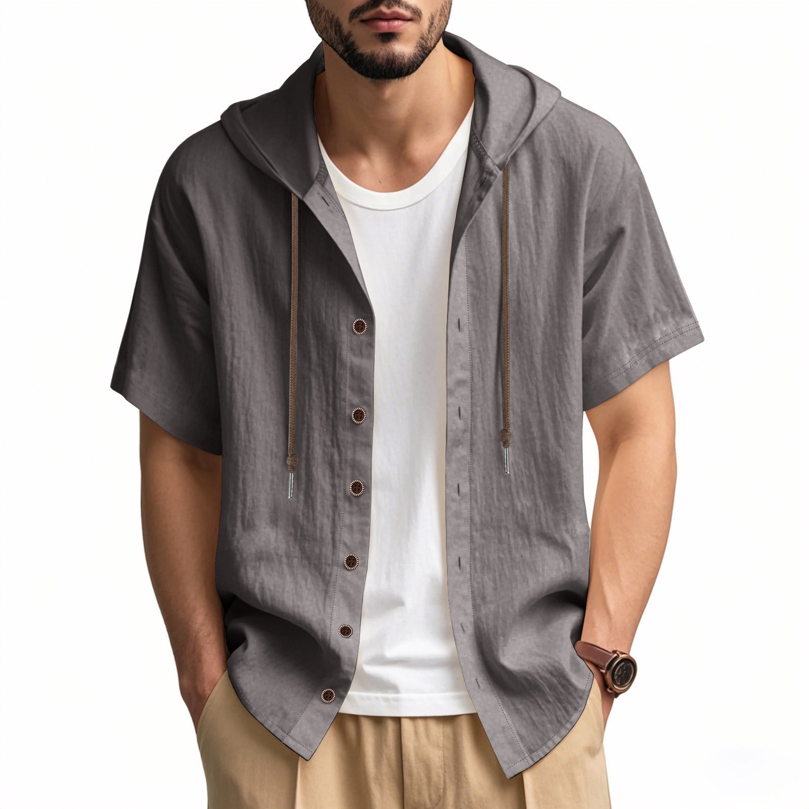 Men's Oversized Linen Hooded Shirt – Short Sleeve Amekaji Casual Summer Overshirt | 2455C