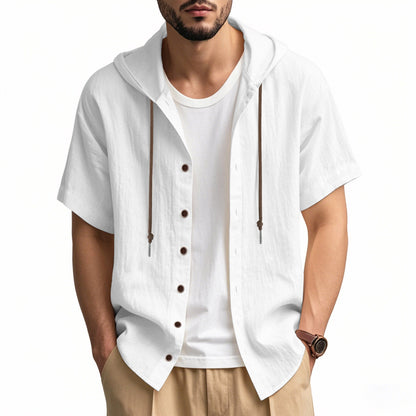 Men's Oversized Linen Hooded Shirt – Short Sleeve Amekaji Casual Summer Overshirt | 2455C