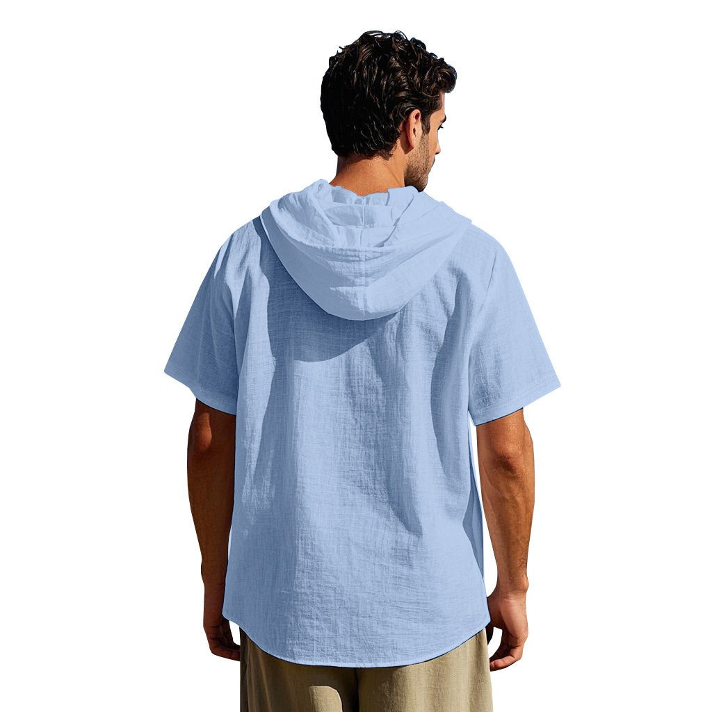 Men's Oversized Linen Hooded Shirt – Short Sleeve Amekaji Casual Summer Overshirt | 2455C