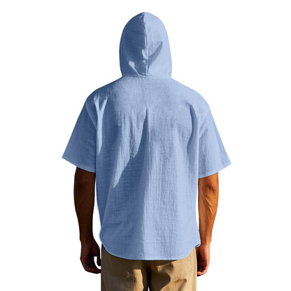 Men's Oversized Linen Hooded Shirt – Short Sleeve Amekaji Casual Summer Overshirt | 2455C