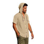 Men's Oversized Linen Hooded Shirt – Short Sleeve Amekaji Casual Summer Overshirt | 2455C