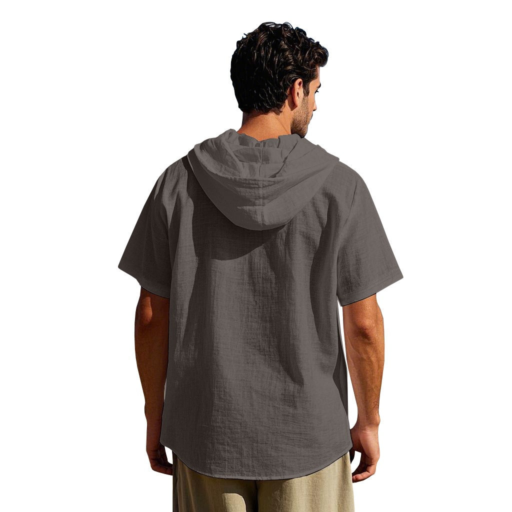 Men's Oversized Linen Hooded Shirt – Short Sleeve Amekaji Casual Summer Overshirt | 2455C