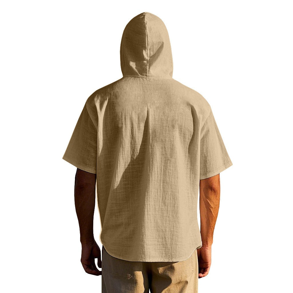 Men's Oversized Linen Hooded Shirt – Short Sleeve Amekaji Casual Summer Overshirt | 2455C