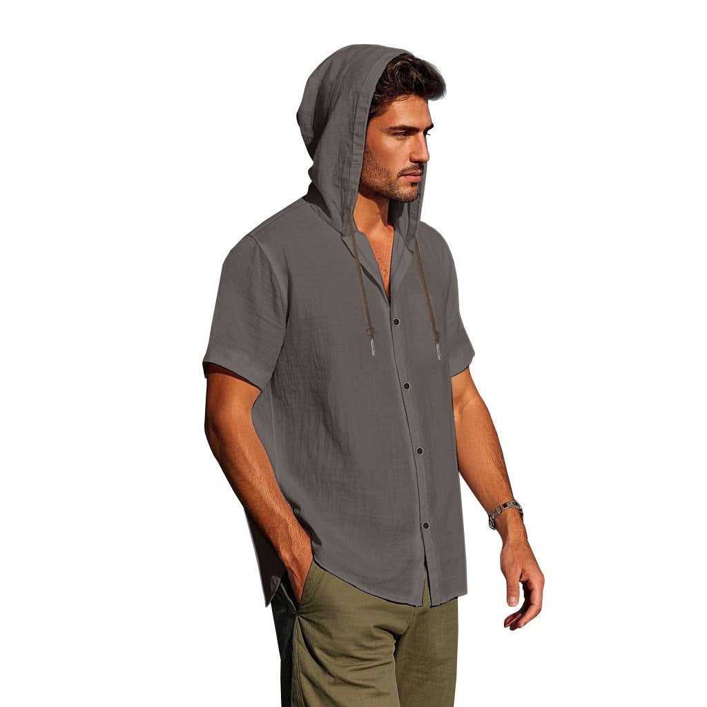 Men's Oversized Linen Hooded Shirt – Short Sleeve Amekaji Casual Summer Overshirt | 2455C