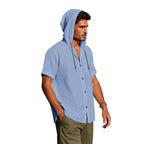 Men's Oversized Linen Hooded Shirt – Short Sleeve Amekaji Casual Summer Overshirt | 2455C