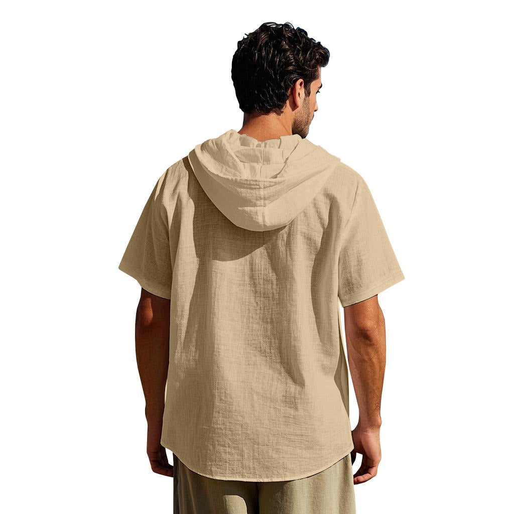 Men's Oversized Linen Hooded Shirt – Short Sleeve Amekaji Casual Summer Overshirt | 2455C