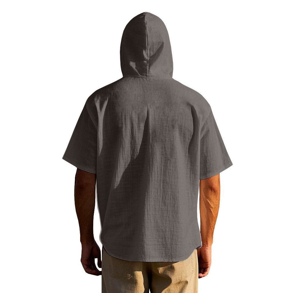 Men's Oversized Linen Hooded Shirt – Short Sleeve Amekaji Casual Summer Overshirt | 2455C