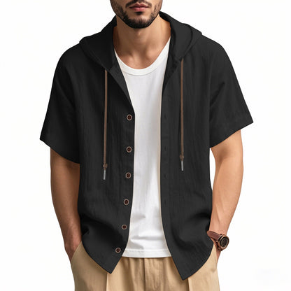 Men's Oversized Linen Hooded Shirt – Short Sleeve Amekaji Casual Summer Overshirt | 2455C