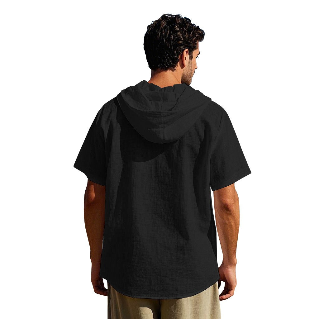 Men's Oversized Linen Hooded Shirt – Short Sleeve Amekaji Casual Summer Overshirt | 2455C