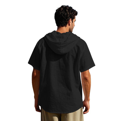 Men's Oversized Linen Hooded Shirt – Short Sleeve Amekaji Casual Summer Overshirt | 2455C