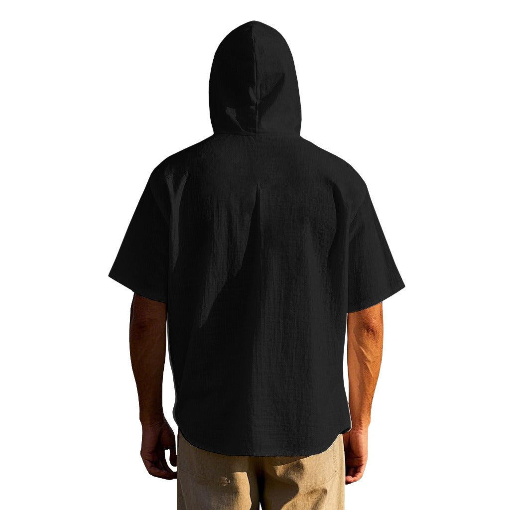 Men's Oversized Linen Hooded Shirt – Short Sleeve Amekaji Casual Summer Overshirt | 2455C