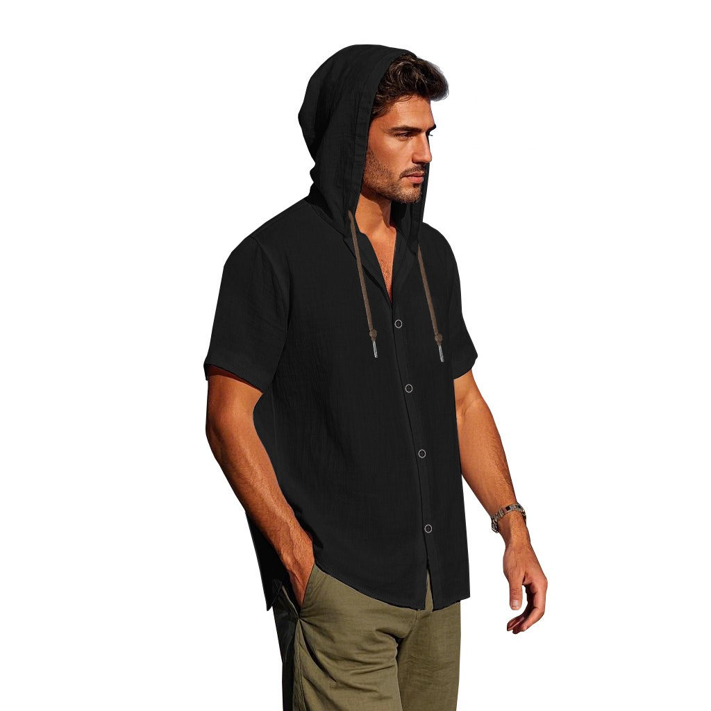 Men's Oversized Linen Hooded Shirt – Short Sleeve Amekaji Casual Summer Overshirt | 2455C