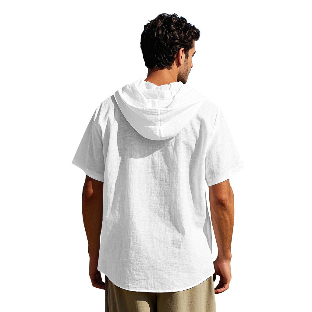 Men's Oversized Linen Hooded Shirt – Short Sleeve Amekaji Casual Summer Overshirt | 2455C
