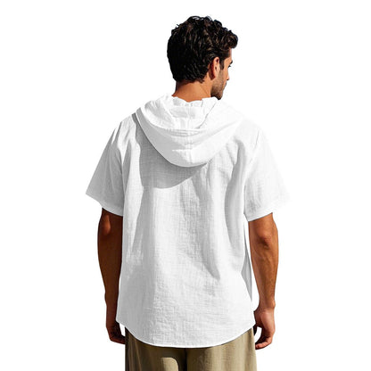Men's Oversized Linen Hooded Shirt – Short Sleeve Amekaji Casual Summer Overshirt | 2455C
