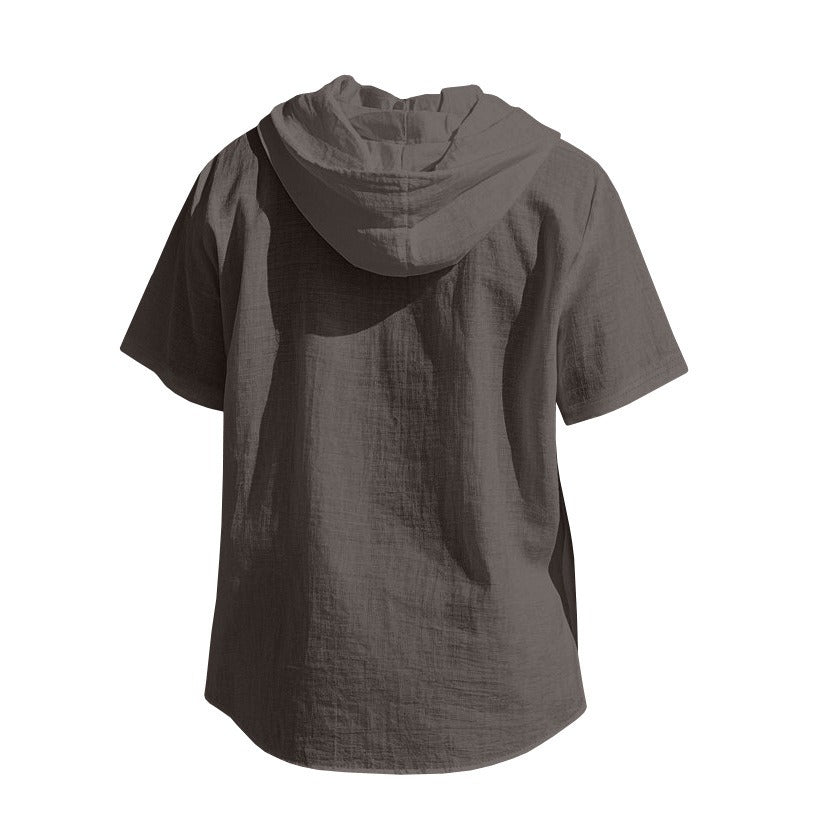 Men's Oversized Linen Hooded Shirt – Short Sleeve Amekaji Casual Summer Overshirt | 2455C