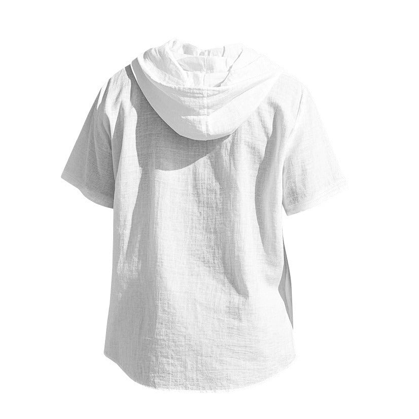 Men's Oversized Linen Hooded Shirt – Short Sleeve Amekaji Casual Summer Overshirt | 2455C