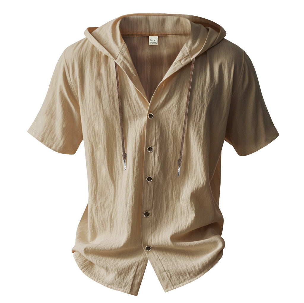 Men's Oversized Linen Hooded Shirt – Short Sleeve Amekaji Casual Summer Overshirt | 2455C