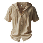 Men's Oversized Linen Hooded Shirt – Short Sleeve Amekaji Casual Summer Overshirt | 2455C