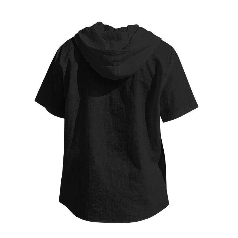 Men's Oversized Linen Hooded Shirt – Short Sleeve Amekaji Casual Summer Overshirt | 2455C