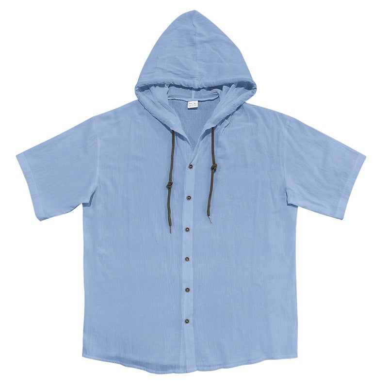 Men's Oversized Linen Hooded Shirt – Short Sleeve Amekaji Casual Summer Overshirt | 2455C