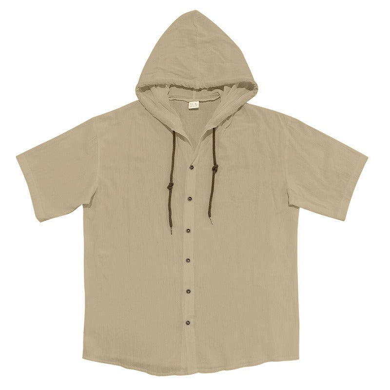 Men's Oversized Linen Hooded Shirt – Short Sleeve Amekaji Casual Summer Overshirt | 2455C