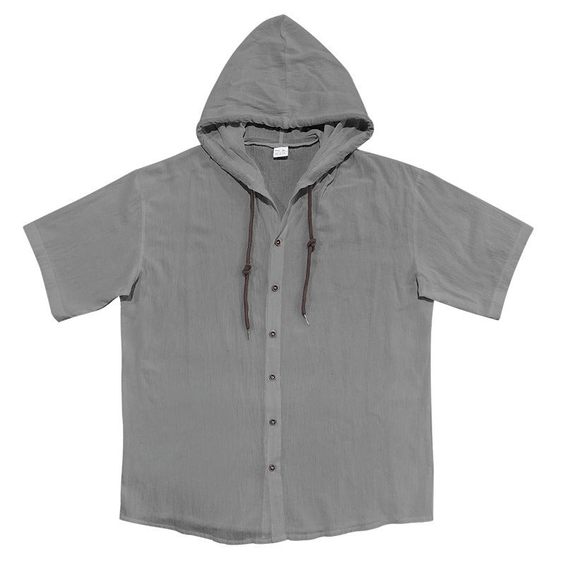 Men's Oversized Linen Hooded Shirt – Short Sleeve Amekaji Casual Summer Overshirt | 2455C