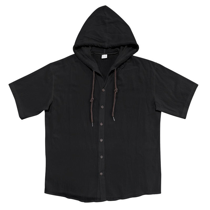 Men's Oversized Linen Hooded Shirt – Short Sleeve Amekaji Casual Summer Overshirt | 2455C